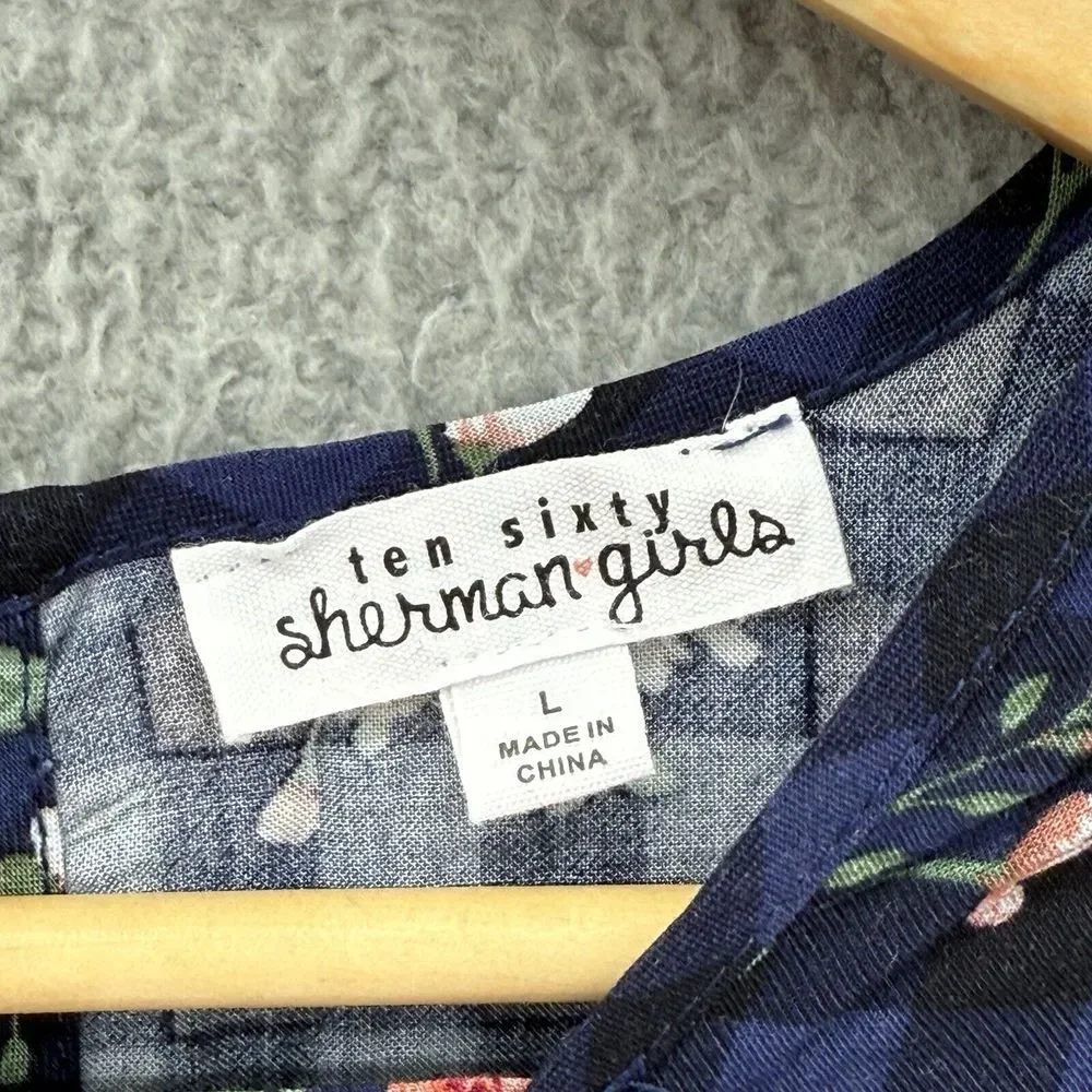 Ten‎ Sixty Sherman Girls L Navy Plaid Floral Fit Flare Dress V-Neck Short Sleeve